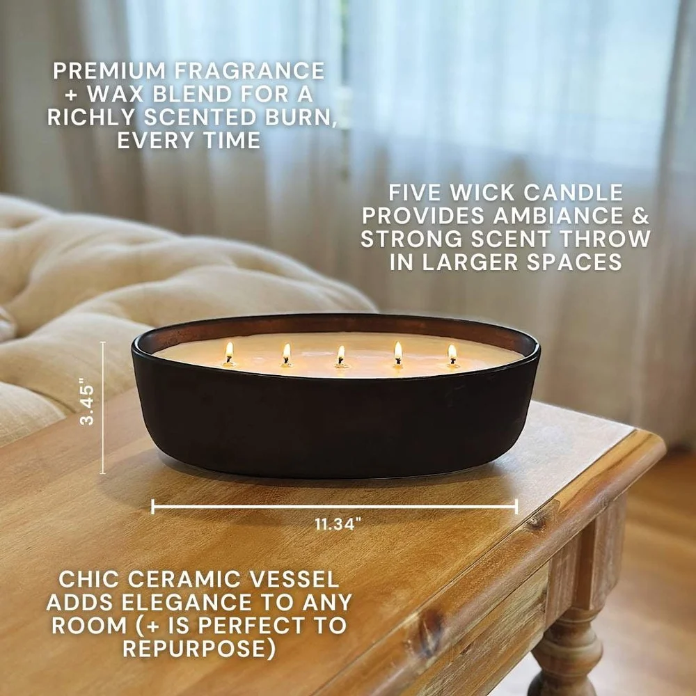 温かいレザーアンバー5芯特大セラミックキャンドル40.5オンス（1.2kg）長持ちするパラフィンワックスの居心地の良いホームデコレーション、48時間燃焼時間