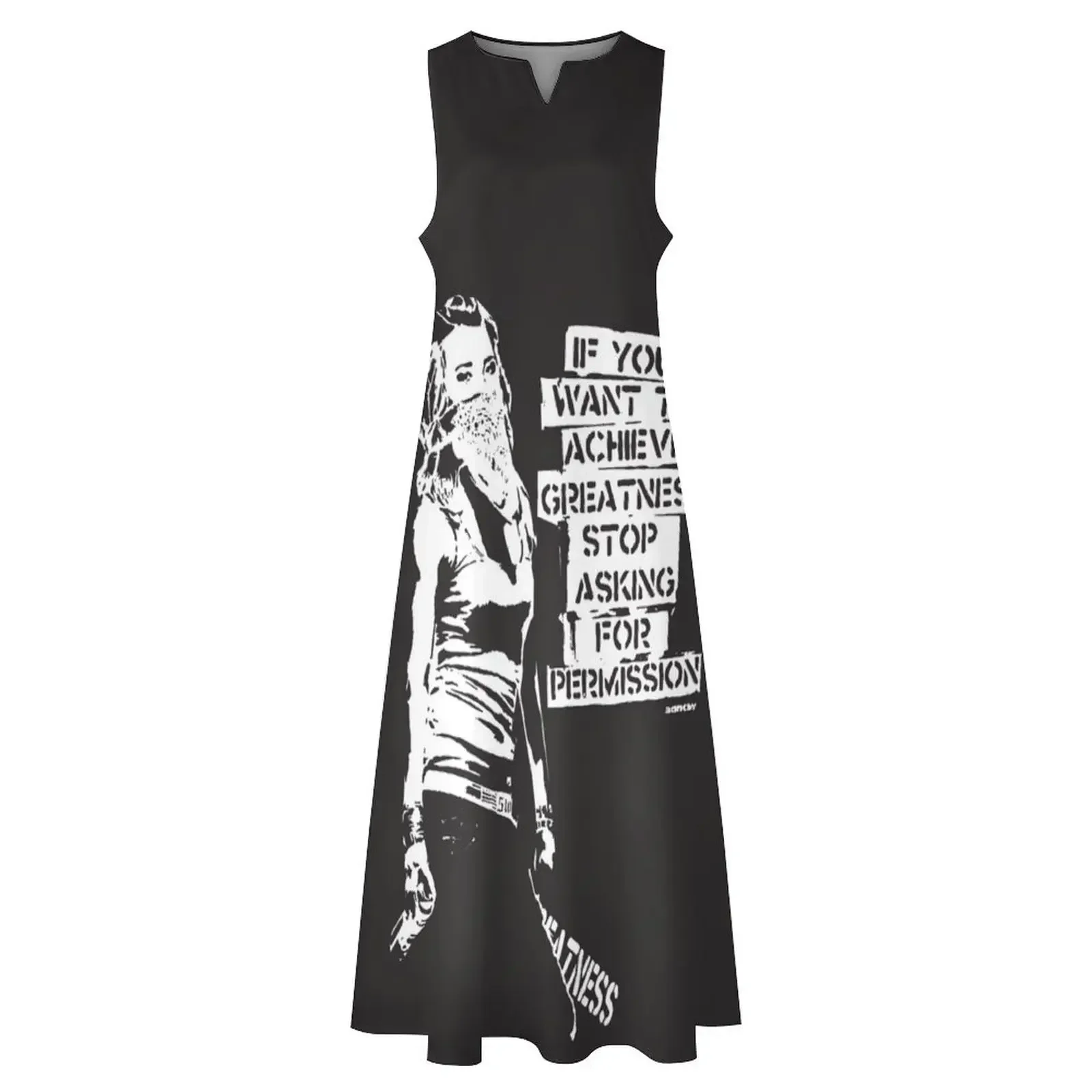 بانكسي اقتباس الكتابة على الجدران إذا كنت تريد تحقيق العظمة توقف عن السؤال عن إذن أبيض وأسود مع فستان طويل من علامة بانكسي #3