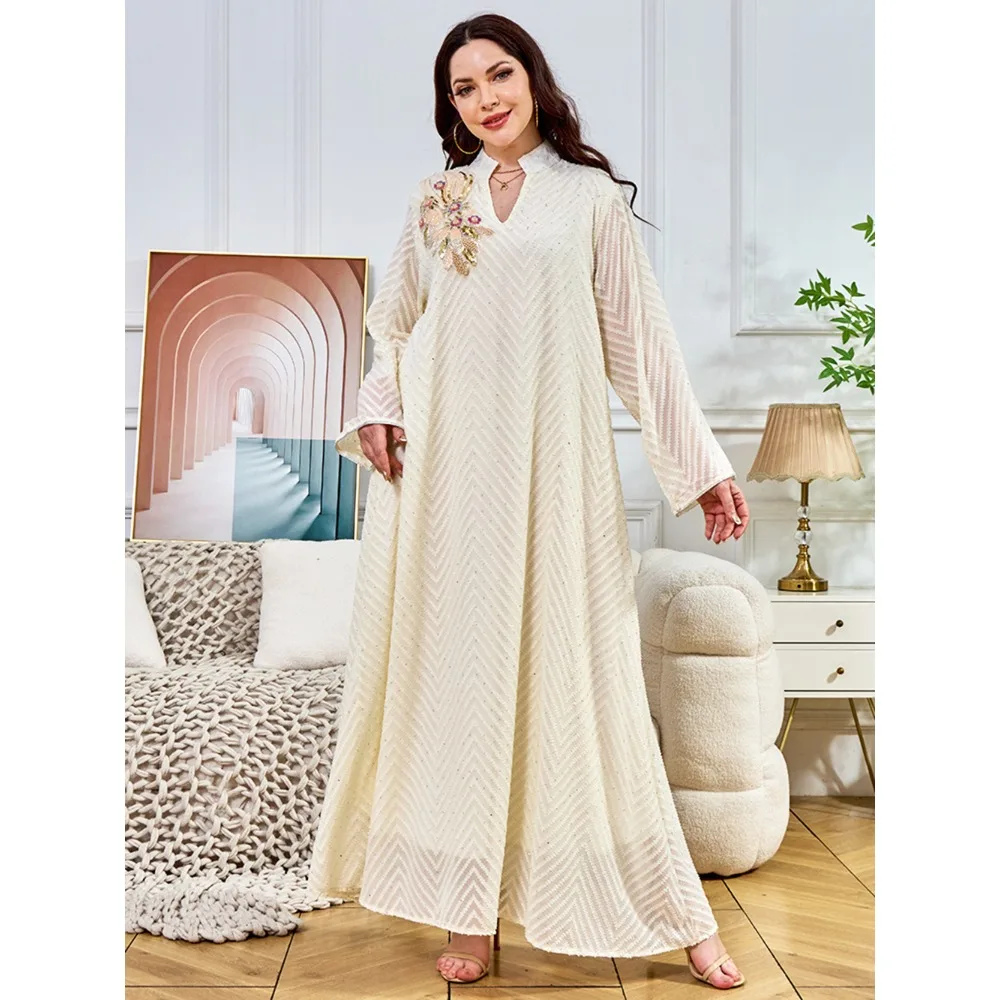 رمضان المرأة العرقية نمط مسلم مطرز الترتر فستان محكم من عند الصدر ويتدلى بشكل واسع موضة جلابية ثوب تقليدي دبي عباية حفلة عالية الجودة