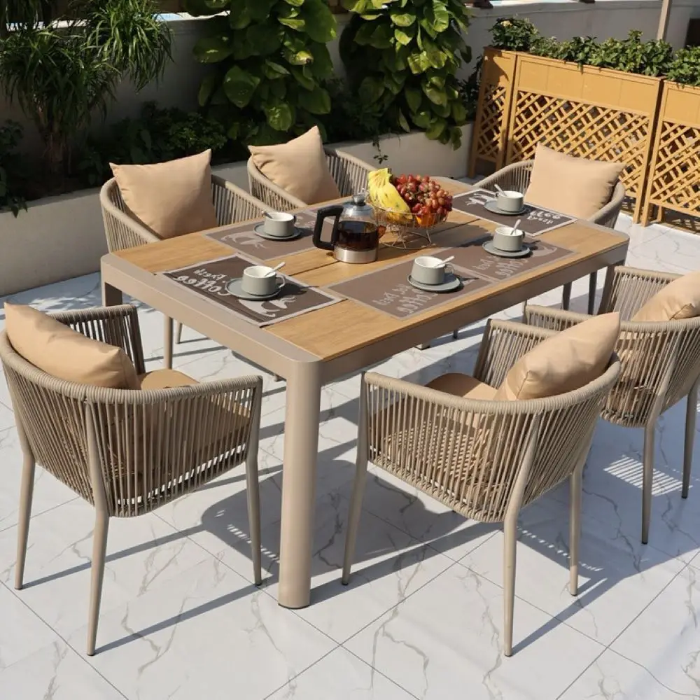 

Outdoor courtyard anti-corrosion plastic wood leisure tables and chairs waterproof sun-proof exposed rattan chairs