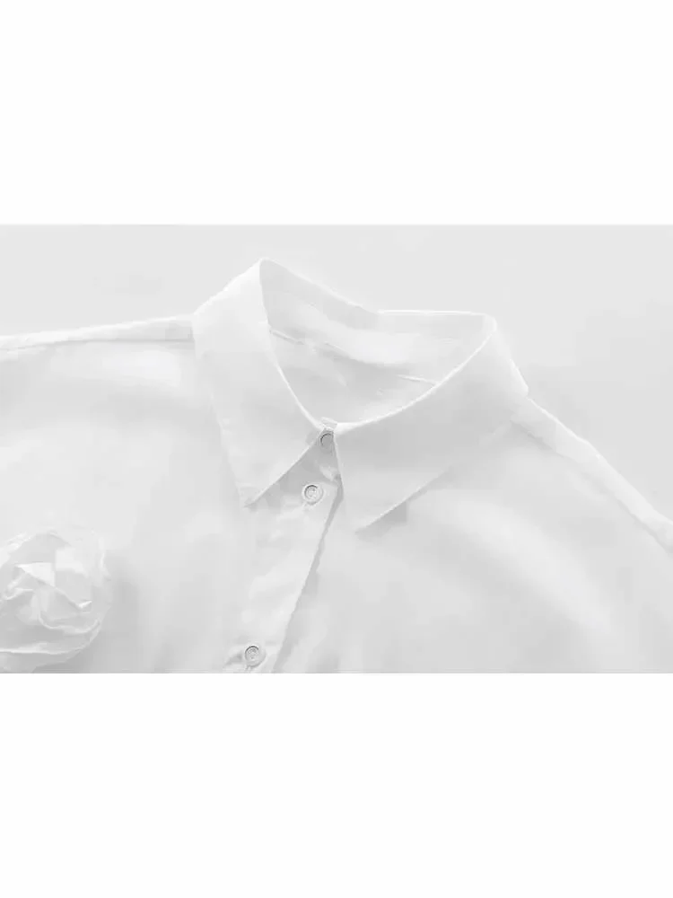 Camicia da donna in popeline monopetto allentata con decorazione floreale a trama di nuova moda Camicia da donna a maniche lunghe con risvolto retrò Top chic