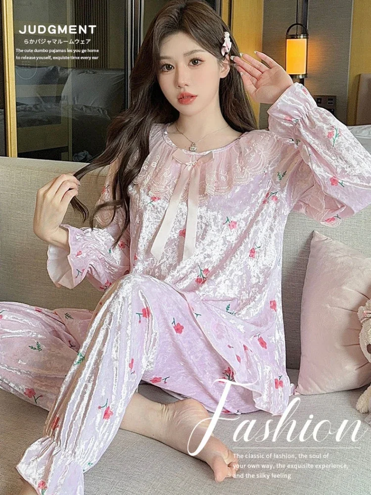 Luxury French Pajama Sets Women Long Sleeve Cardigan Pants Two Pieces Loungewear Velvet Sleepwear Sweet Home Wear Kawaii Clothes