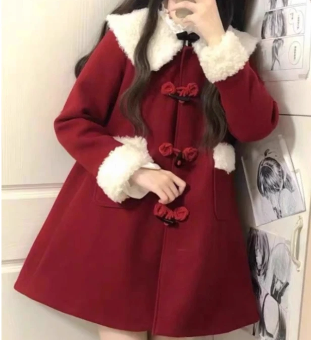 Veste de noël polyvalente en laine à manches longues pour filles, manteau doux à col rabattu, à la mode japonaise, nouvelle collection hiver