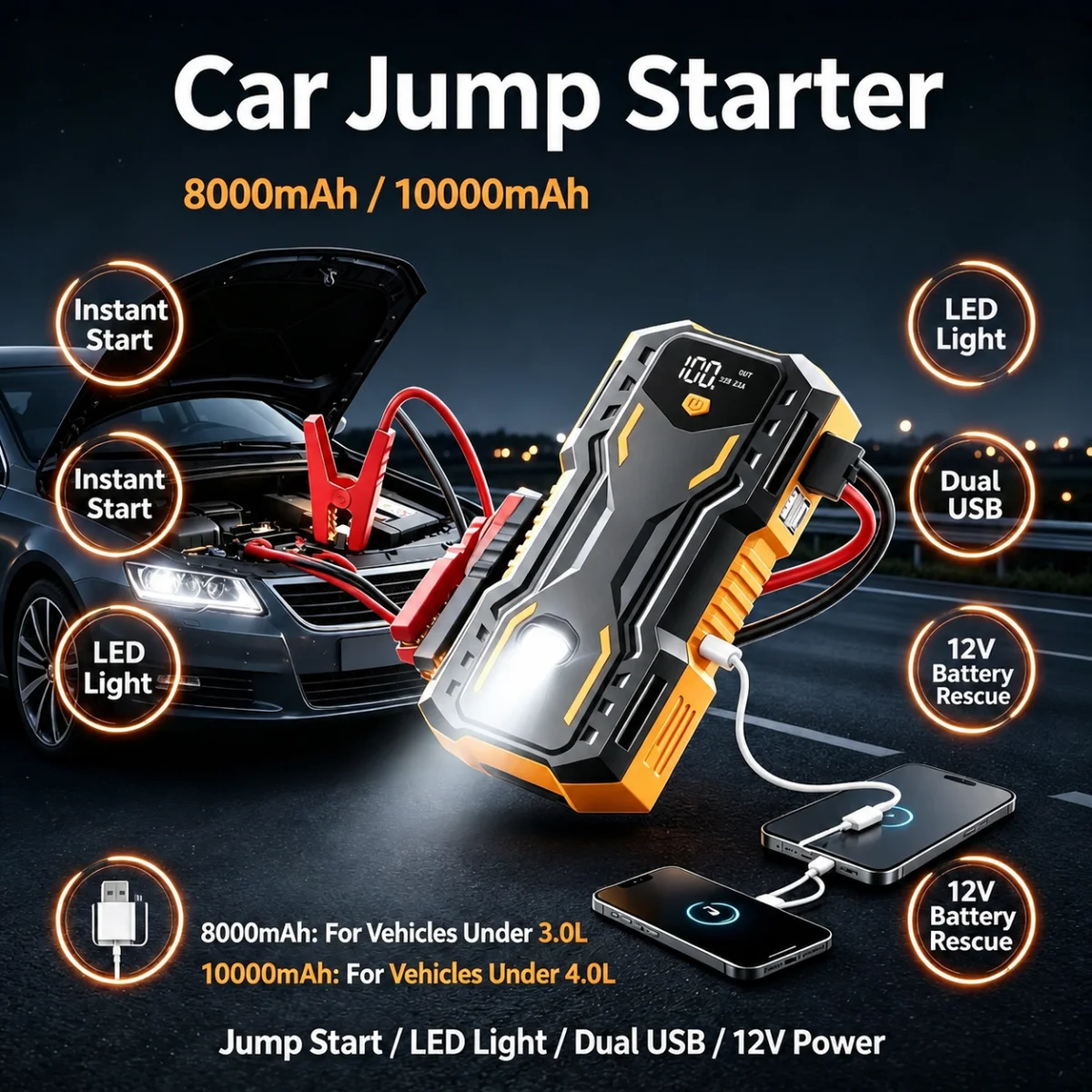 Portable Car Jump Starter, 10000mAh 12V Car Battery Booster Jumper Box with Digital LED Display, USB Output Power Bank, Intelligent Safety Clips Emergency Car Battery Jump Starter for Gas & Diesel Vehicles Motorcycle