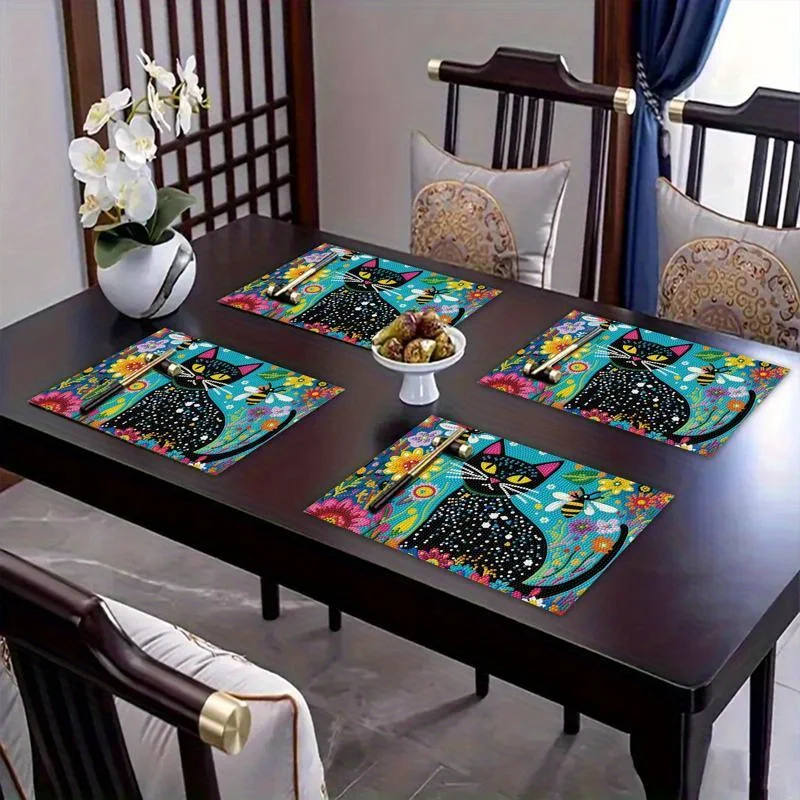Colorful Cat Floral Heat Resistant Washable Table Placemats Dining Home Kitchen Holiday Accent Decor 4 Piece Set