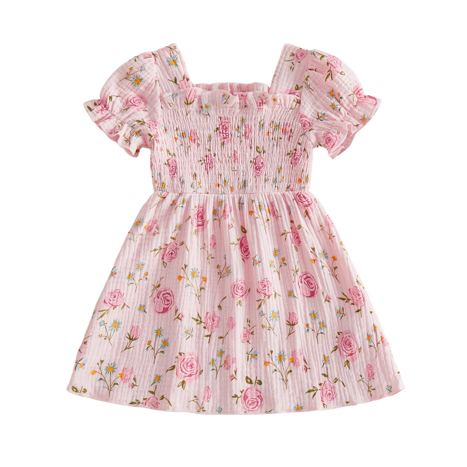 Kids Girl’s Dress, Short Sleeve Square Neck Pleated Flower Print Summer Dress Clothes