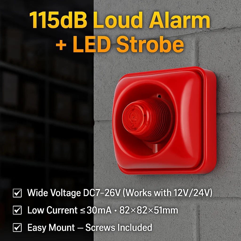 Mini Fire Alarm Strobe Horn | 115dB Audible & Visual Warning Device | LED Beacon Flash 120/min | DC12/24V Wide Voltage Alarm