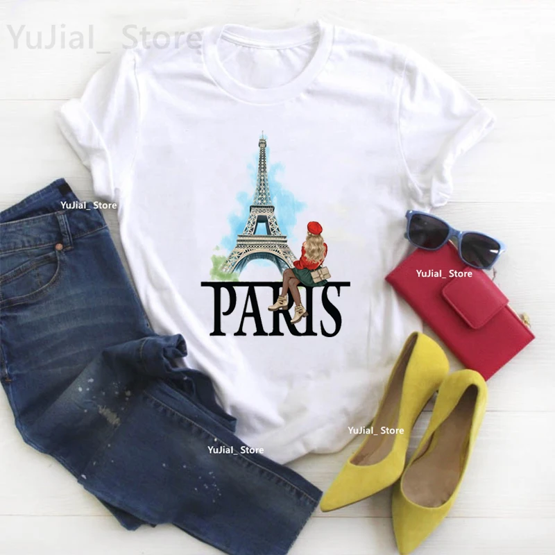 

Watercolor Paris Eiffel Tower Graphic Print T Shirt Girls Usa/Italy Travel Tshirt Women Harajuku Shirt Summer Fashion T-Shirt