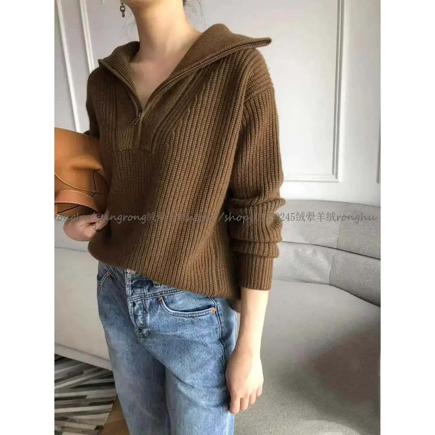 EWSFV 2021 Autumn Hot Popular Women Solid Loose Thick Sweater Idle Half-Open Zipper Full Sleeve Knitwear Pullover Base T-shirt