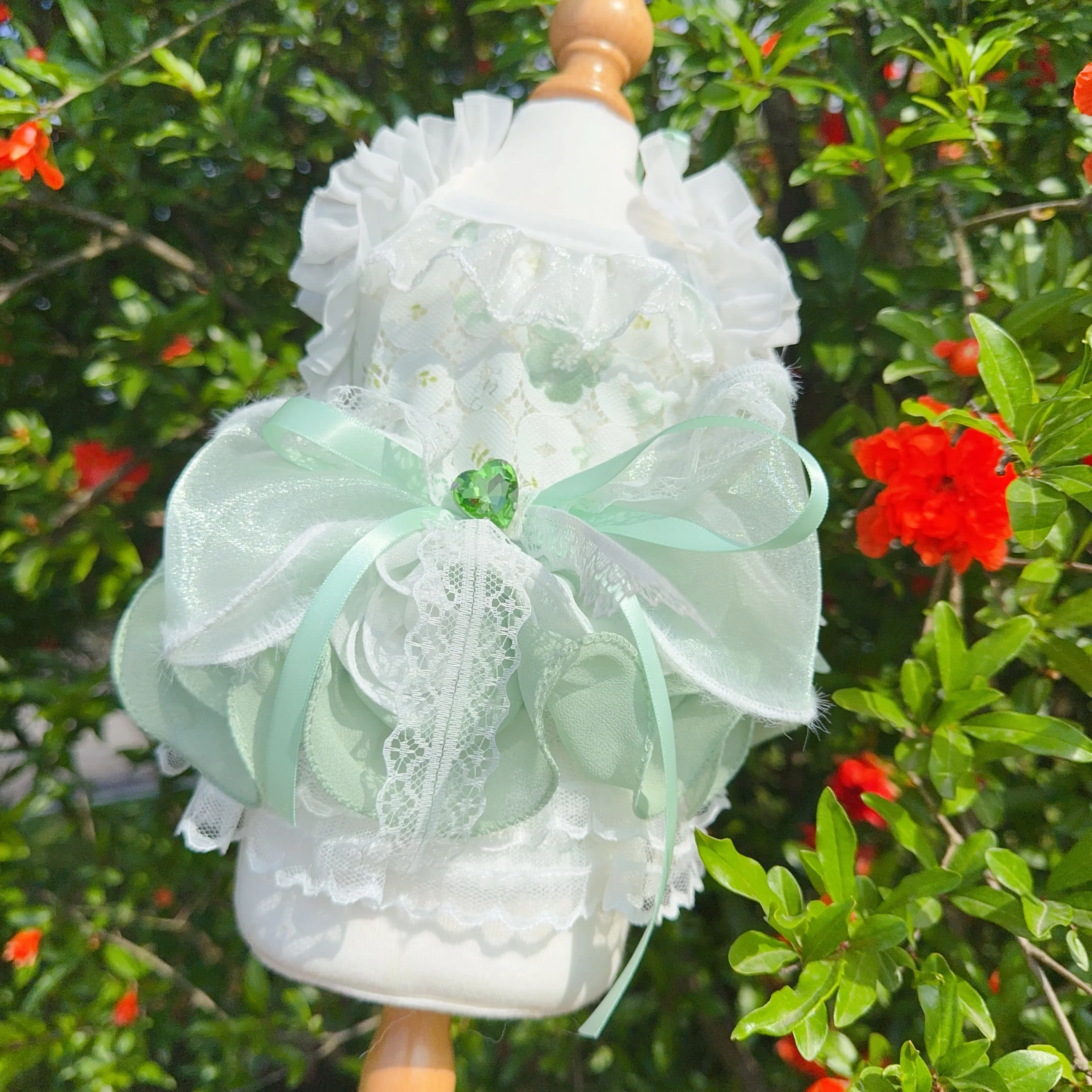 

Summer Mint Green Pet Dog Clothes Handmade Soft Hollow Lace Bow Princess Dress For Small Medium Dog Poodle Puppy Cats Clothing