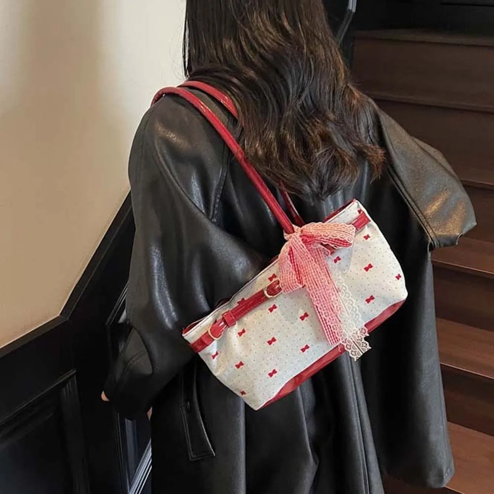 

Милая французская большая сумка для покупок, кружевная лента, большая вместительная сумка из искусственной кожи с бантом, текстурированная водонепроницаемая сумка для подмышек, дорожная сумка