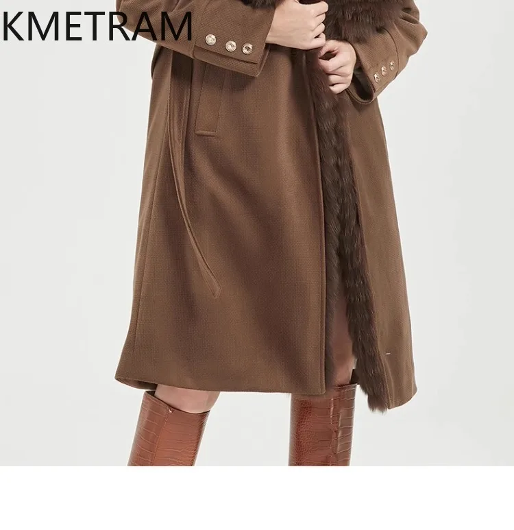 KMETRAM chaqueta acolchada de plumas de ganso blanco para mujer, abrigos largos marrones con cuello de piel de zorro, prendas de vestir exteriores, ropa de invierno, 2025 vestes para mujer