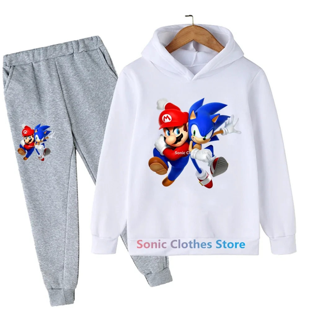 Nowe ubrania dla dzieci chłopcy dziewczęta Sonic bluza z kapturem zestaw 2 szt. Zestawy wiosna jesień maluch Cartoon z kapturem + spodnie dres 3-14y