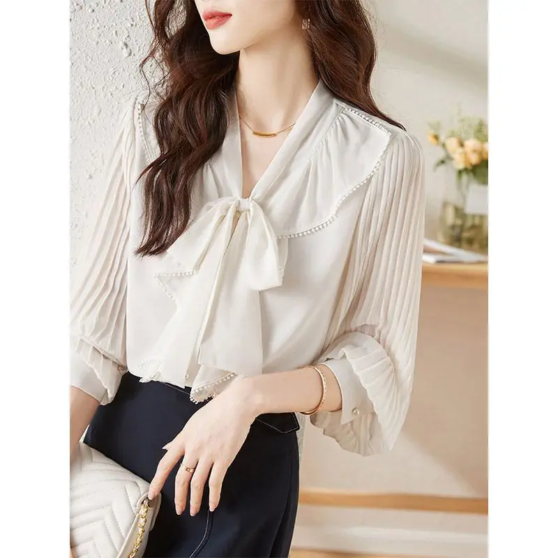 Sweet Ruffled Chiffon Shirt for Women with a New Design Sense Pleated Long Sleeved Fluttering Bow Top