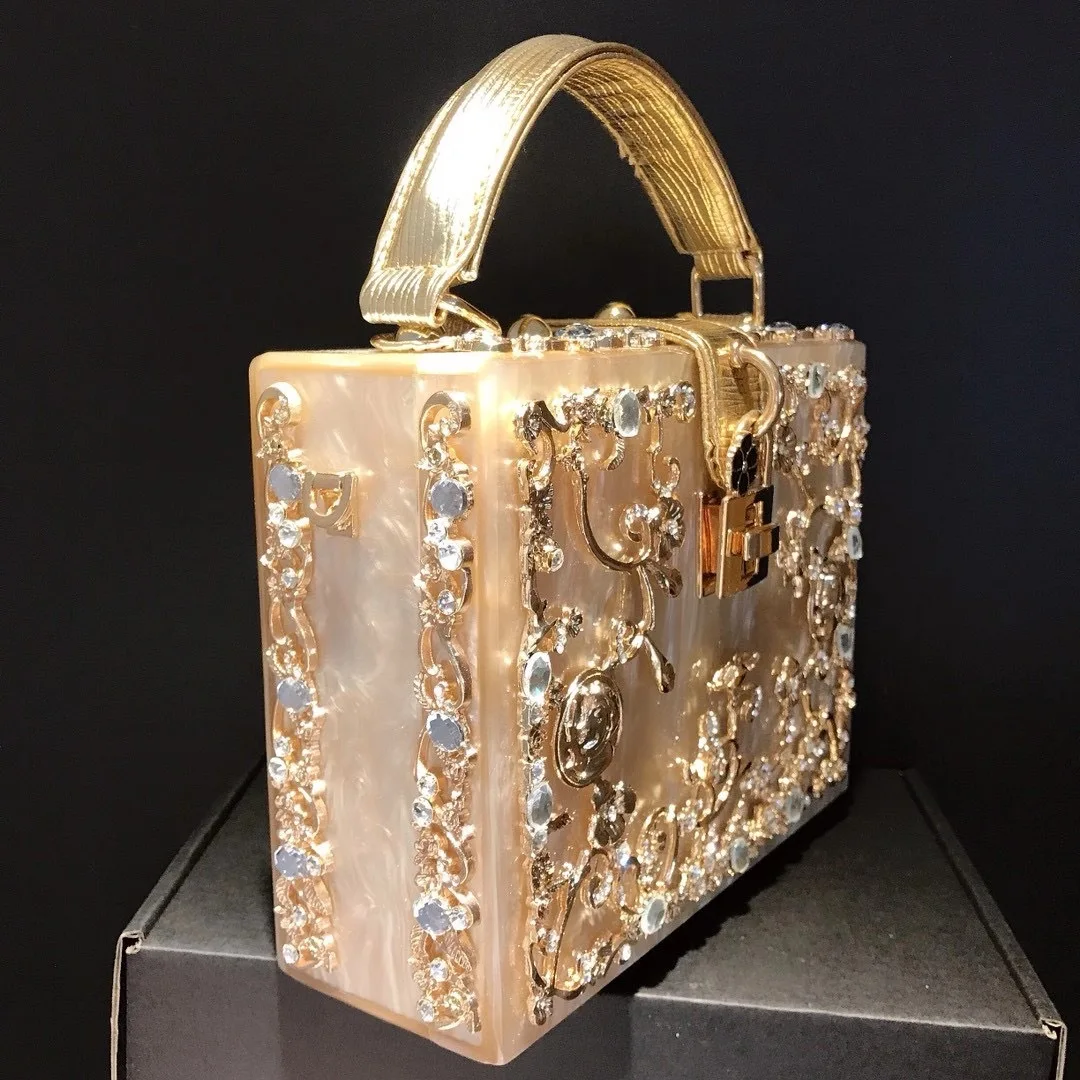 High-Grade crystal Evening Bag Female New Hollow Out Metal Carved Flower Diamond Handbag Box Fashion Chic Shoulder Crossbody Bag