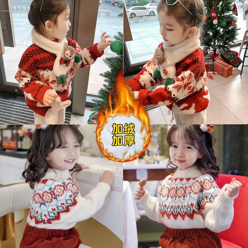 Girls' New Year Sweater 2022 Autumn and Winter New Children's Clothing Girls' Fleece-Lined Thickened Knitting Top