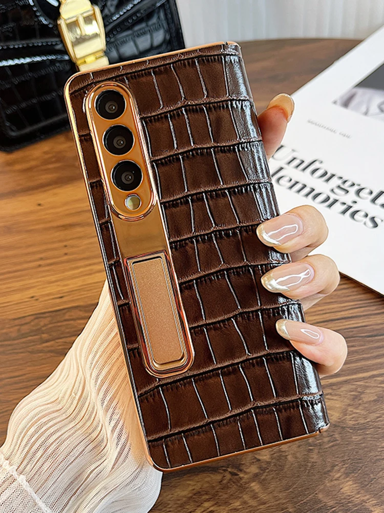 

Кожаный чехол с крокодиловым узором для Samsung Galaxy Z Fold 4 360, защитный чехол с петлями, ударопрочный с защитой от царапин