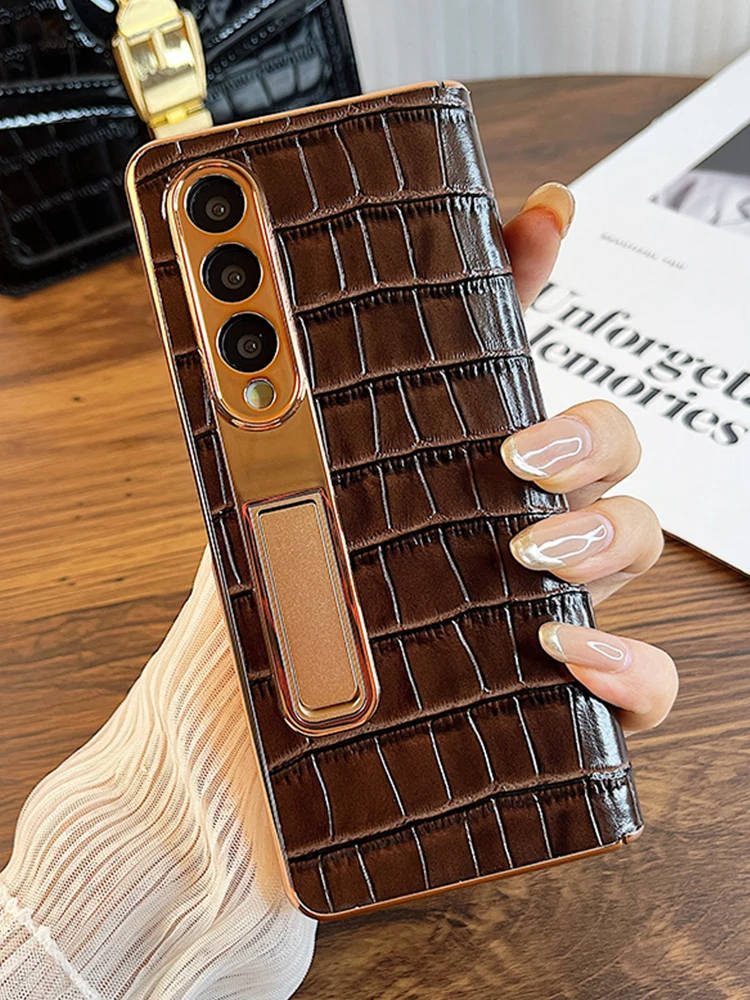 

Crocodile Pattern Leather Cover For Samsung Galaxy Z Fold 4 360 Protection Case With Hinges Shockproof With Scrren Protector