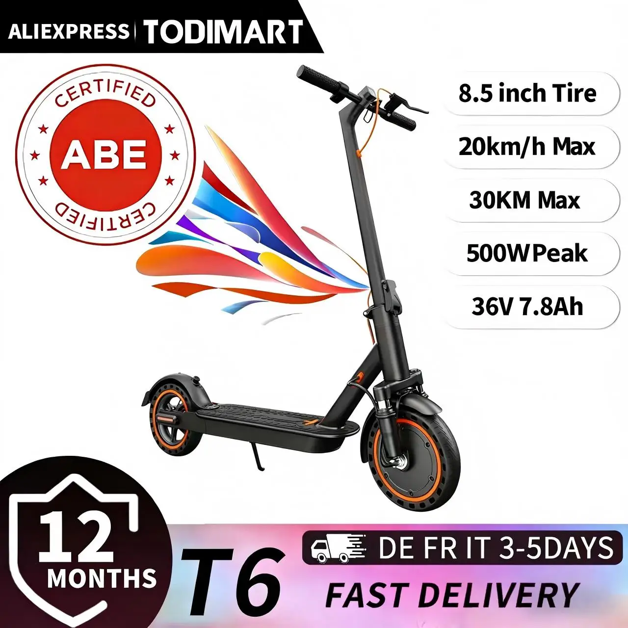 TODIMART T6 ABE E-Scooter met kenteken, 30-35 km bereik, 350-500W borstelloze motor, dubbele remmen en 8,5-inch run-flat banden