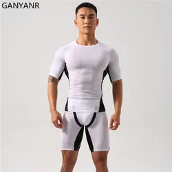 GANYANR Men Sports Set Athletics Running Compression Clothing Sportswear Gym Sweatsuit Tracksuit Jogging Matching Training Suit