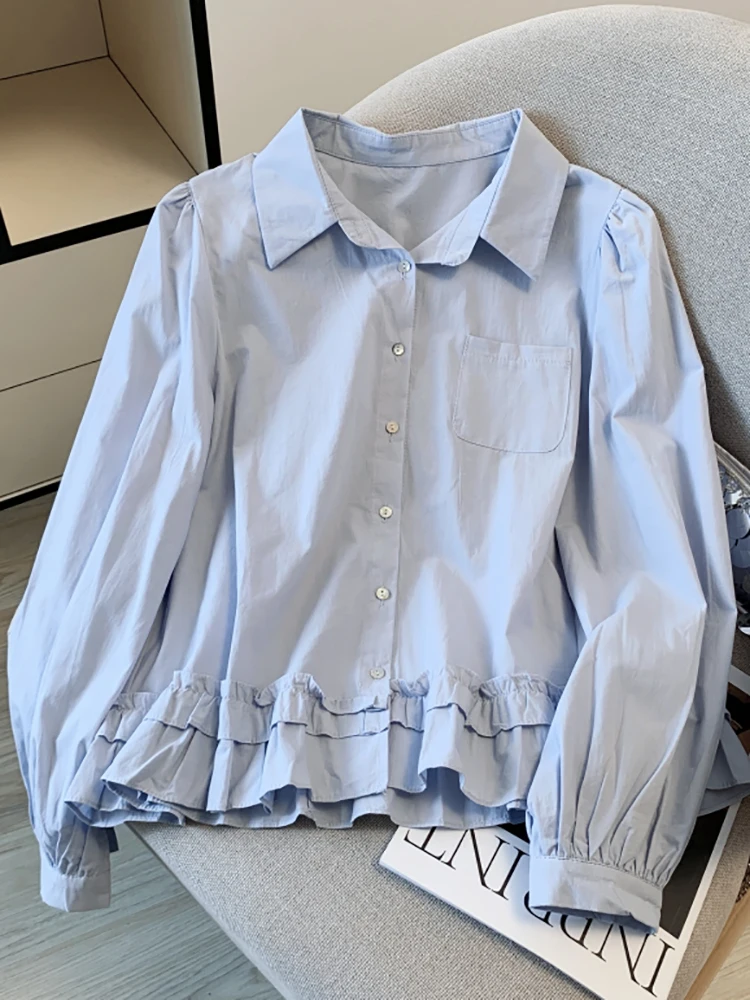 

Свободная женская рубашка с длинным рукавом, синяя, с воротником, в корейском стиле, дышащая, для офиса, из полиэфирного волокна