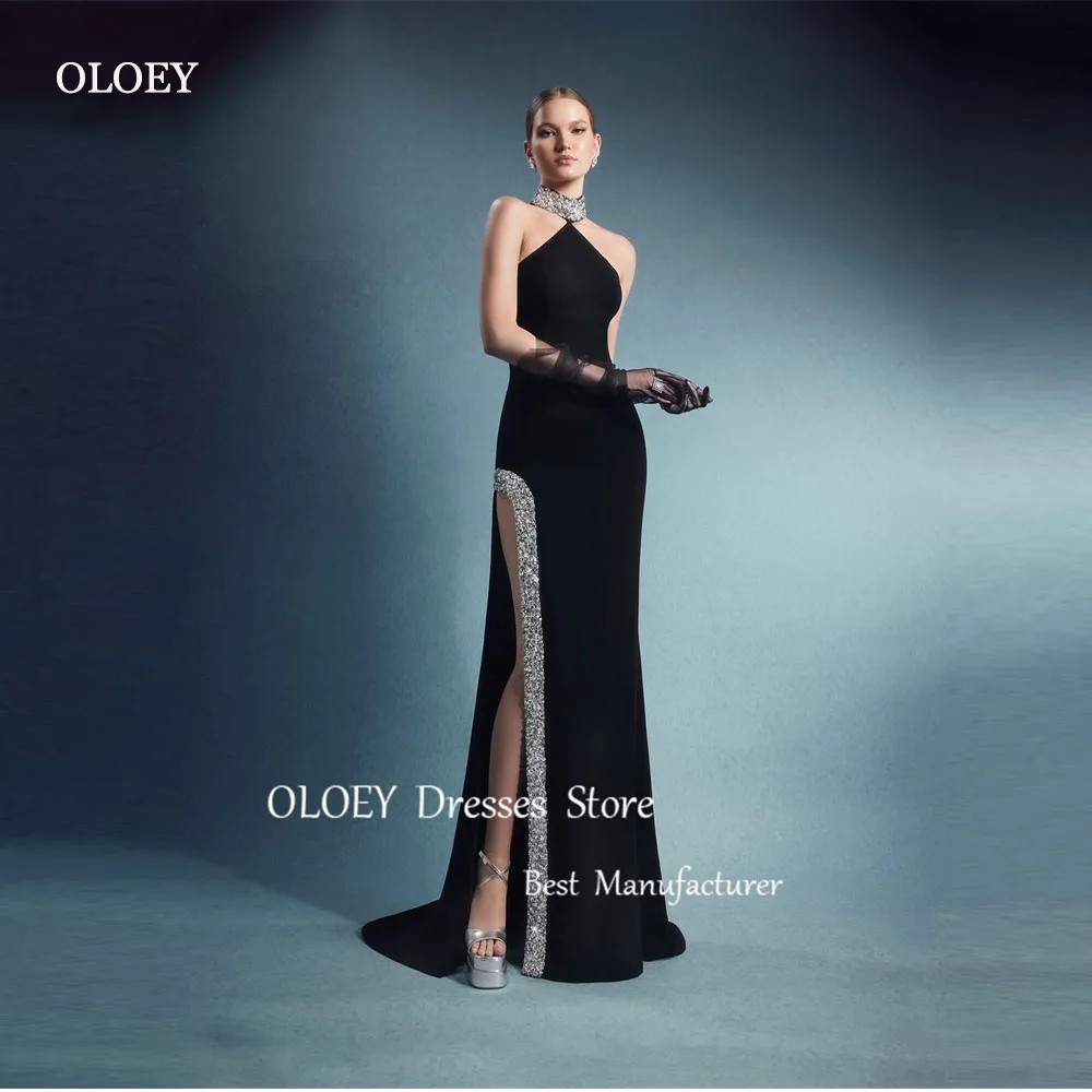 OLOEY Sparkly Beads Mermaid Evening Dresses Dubai Arabic Women High Neck High Split Strech Crystal Prom Gowns Formal Occasion