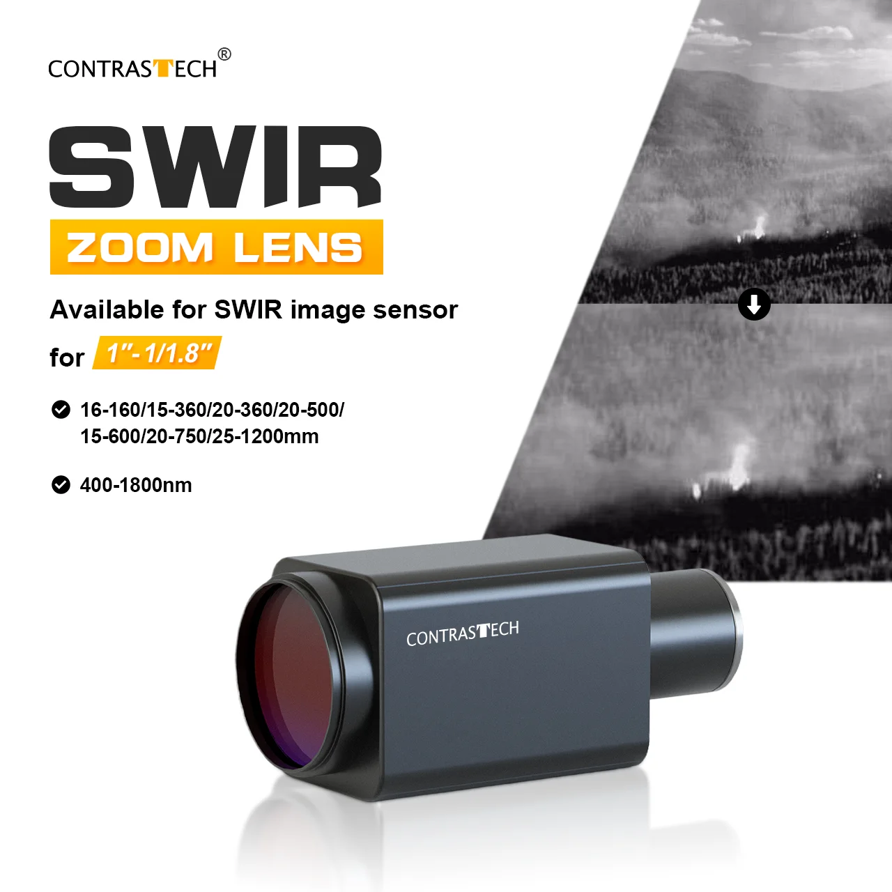 Lente IR de onda corta de 400-1700nm, lente de Zoom SWIR con montura C de 1/1,8 ", 20-500mm para Contrastech de seguridad Broder