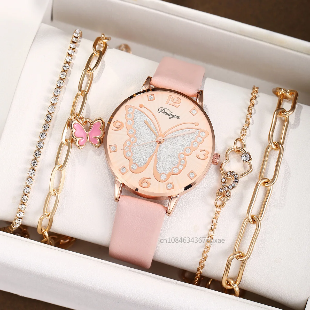 절묘한 다이아몬드 나비 다이얼 벨트 쿼츠 시계 및 패션 나비 팔찌 세트, 라인석 쿼츠 여성용 손목시계, 5 개, 1 개