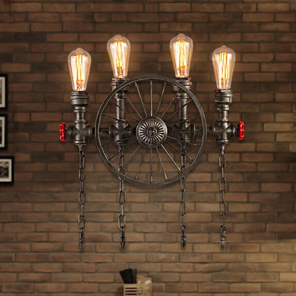 

Creative Bicycle Wheel Pipe Wall Light 2/4 Arms American Retro Industrial Loft Wrought Iron Restaurant Bar Wall Lamp Deco Art