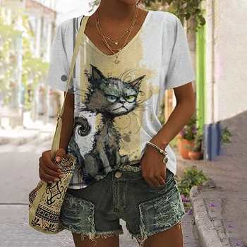 Camiseta de manga corta con estampado de gato Anger para mujer, ropa de calle informal 3d, jersey de cuello redondo, ropa femenina de gran tamaño, Verano