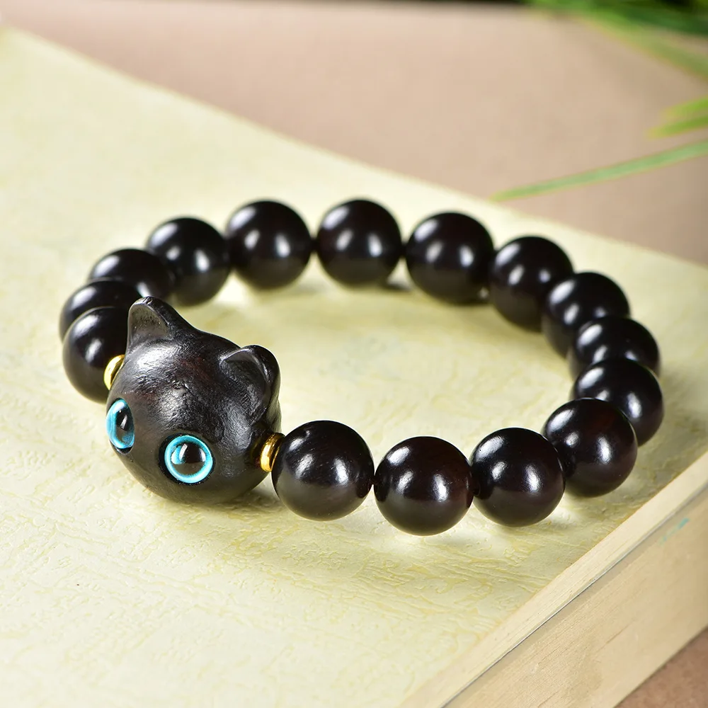 

Natural Green Sandalwood/Ebony/Purple Sandalwood Beaded Bracelets with DIY Lucky Cat Charms for Men, Women & Couples Gifts
