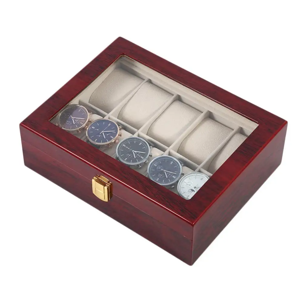 10 Grids Wooden Wrist Watch Display Box Jewelry Storage Organizer Case