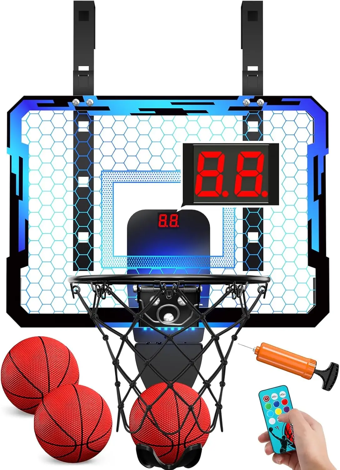

Indoor Basketball Hoop for Kids with LED Lights, Mini Over-The-Door Hoop Toy Gift for Boys Girls Ages 5-12, Blue