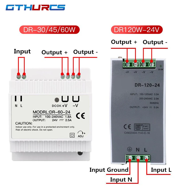 DR-15 DR-30 DR-45 DR-60 -5/12/15/24 15W 30W 45W 60W Single Output 5V 12V 15V 24V Industrial Din Rail Power Supply Switch