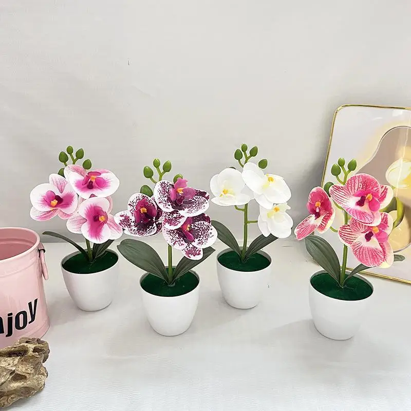 【B】Artificial Orchid Potted Plant 3 Heads Mini Phalaenopsis Fake Flower Plastic Desktop Ornament Home Living Room Decoration