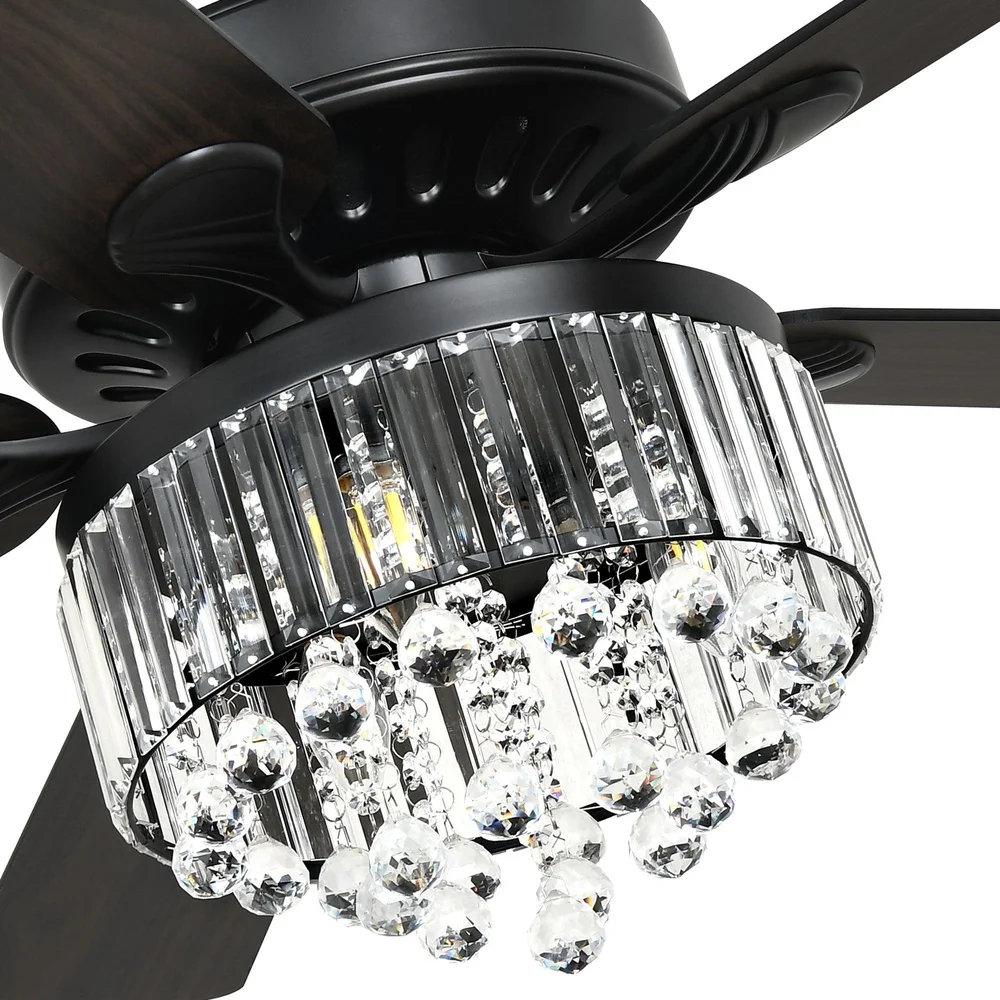 52-Zoll-Kristall-Deckenventilator mit Fernbedienung, 5-Blatt-Kronleuchter, schwarzer Innenventilator, leiser Betrieb, Timer-Funktion