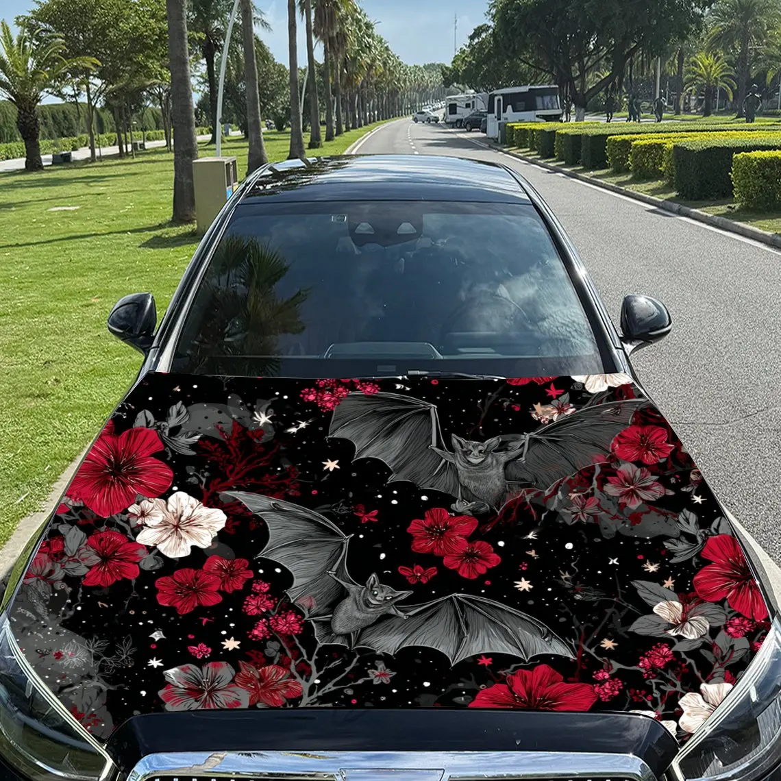

Car Decals Floral Pattern with Red and White Flowers and Leaves Car Hood Sticker, Waterproof Self - Adhesive Vinyl Graphics Deca