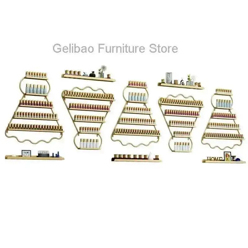 

rack, manicure display Iron nail polish wall plastic goods shelf, golden badminton shaped wall hanging shelf shop organizer