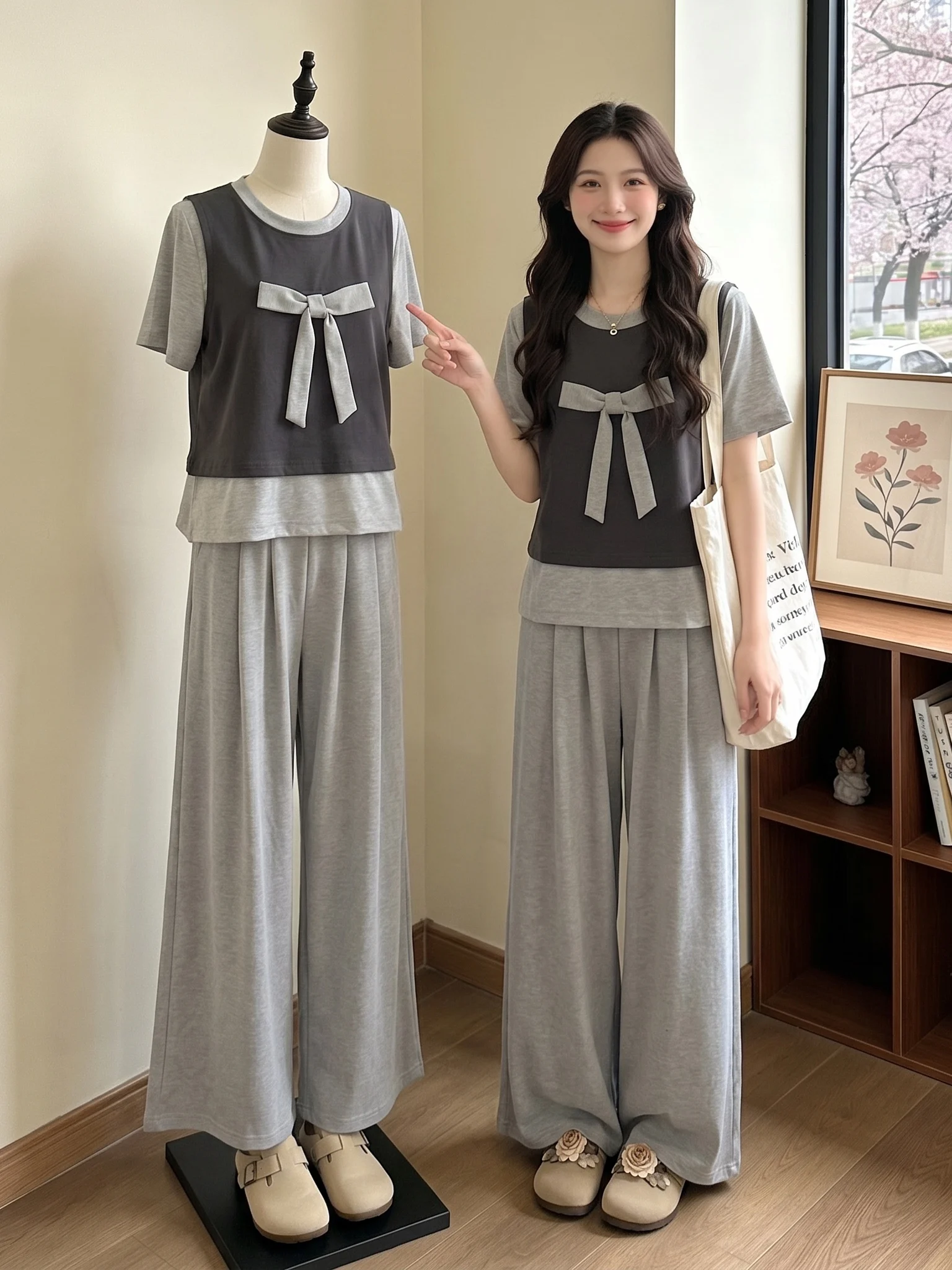 

Gray Knot Short Sleeve Wide Leg Pants Two Piece Set Lazy Style Summer Fashion Women's Clothing plus Size T-Shirt
