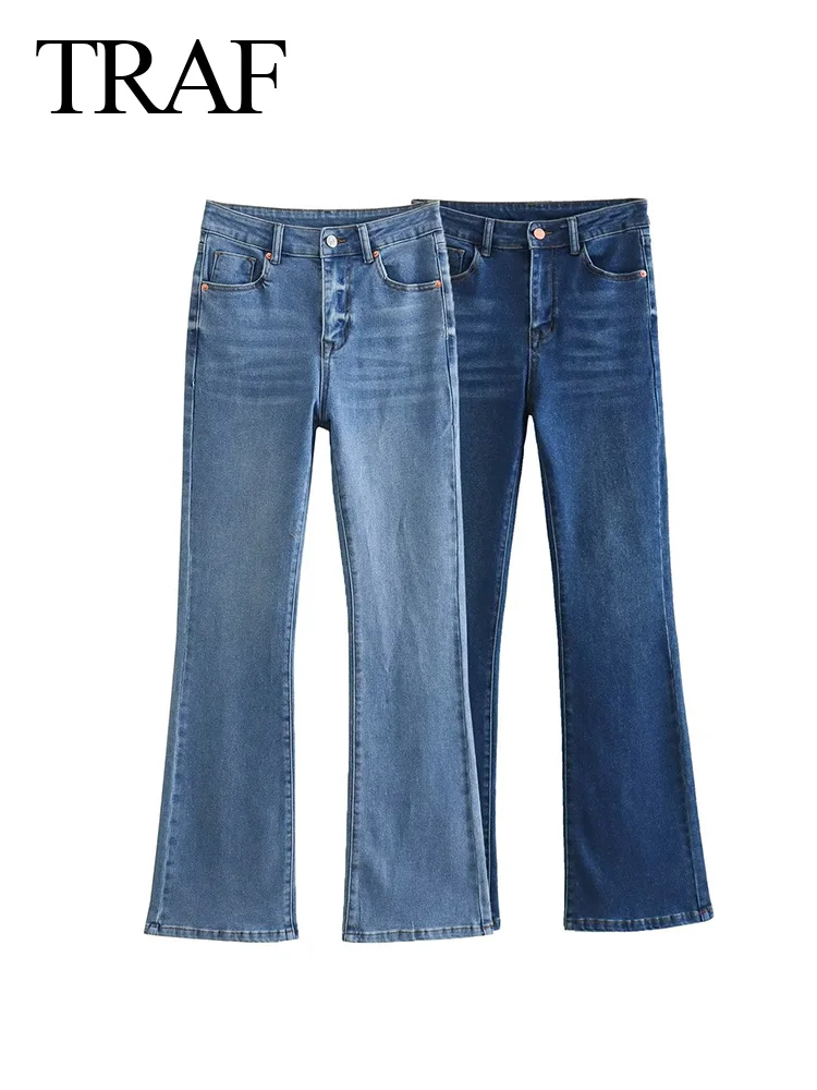 TRAF-Jean Rétro en Denim pour Femme, Vêtement Simple, Taille Moyenne, Évasé, avec Fermeture Éclair, Décontracté, Style Urbain, Rétro, Nouvelle