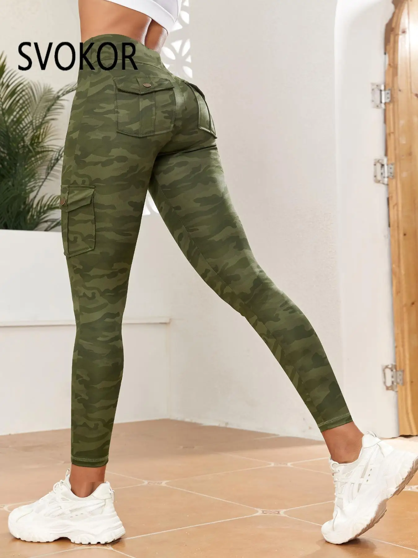 SVOKOR Camouflage Digital Print Women Legging Seamless Fitness Pants with Pocket Slim Workwear