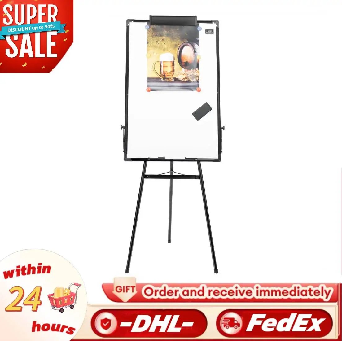 حامل حامل لوح أبيض مغناطيسي مقاس 36 × 24 بوصة، لوح مسح جاف أسود قابل للطي، ارتفاع قابل للتعديل للمكتب المدرسي والمنزل