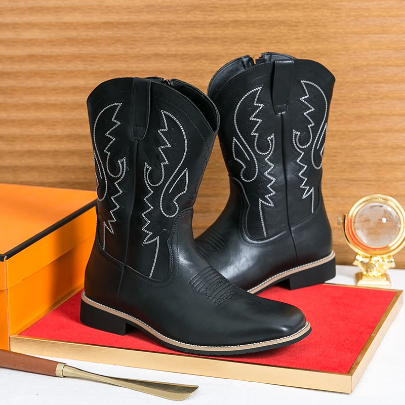 

Men Western Cowboy Boots Hand Embroidered European and American Ethnic Style Square Head High Barrel Men Boots