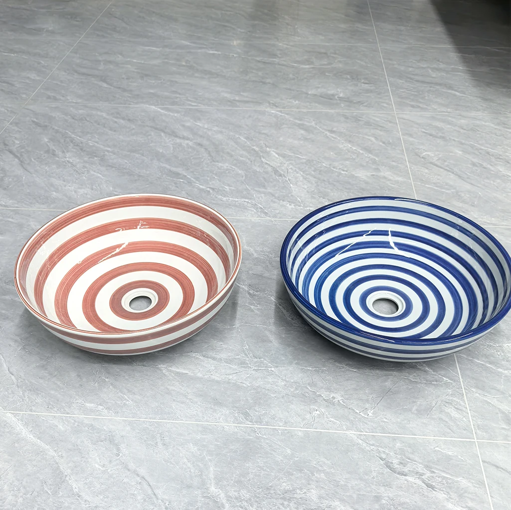 Striped Ceramic Flower Pot Red/Blue Hand Painted Container Ceramic Bathroom Sink Handmade Art Striped New Design Washbasin