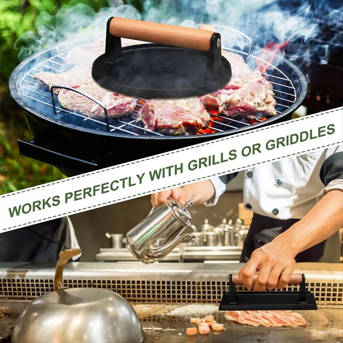 uyuy Burger, Heavy-Duty Cast Iron Smash Bacon Meat Meat Steak with Wood Handle for Griddle, Sandwich, Nonstick Pan