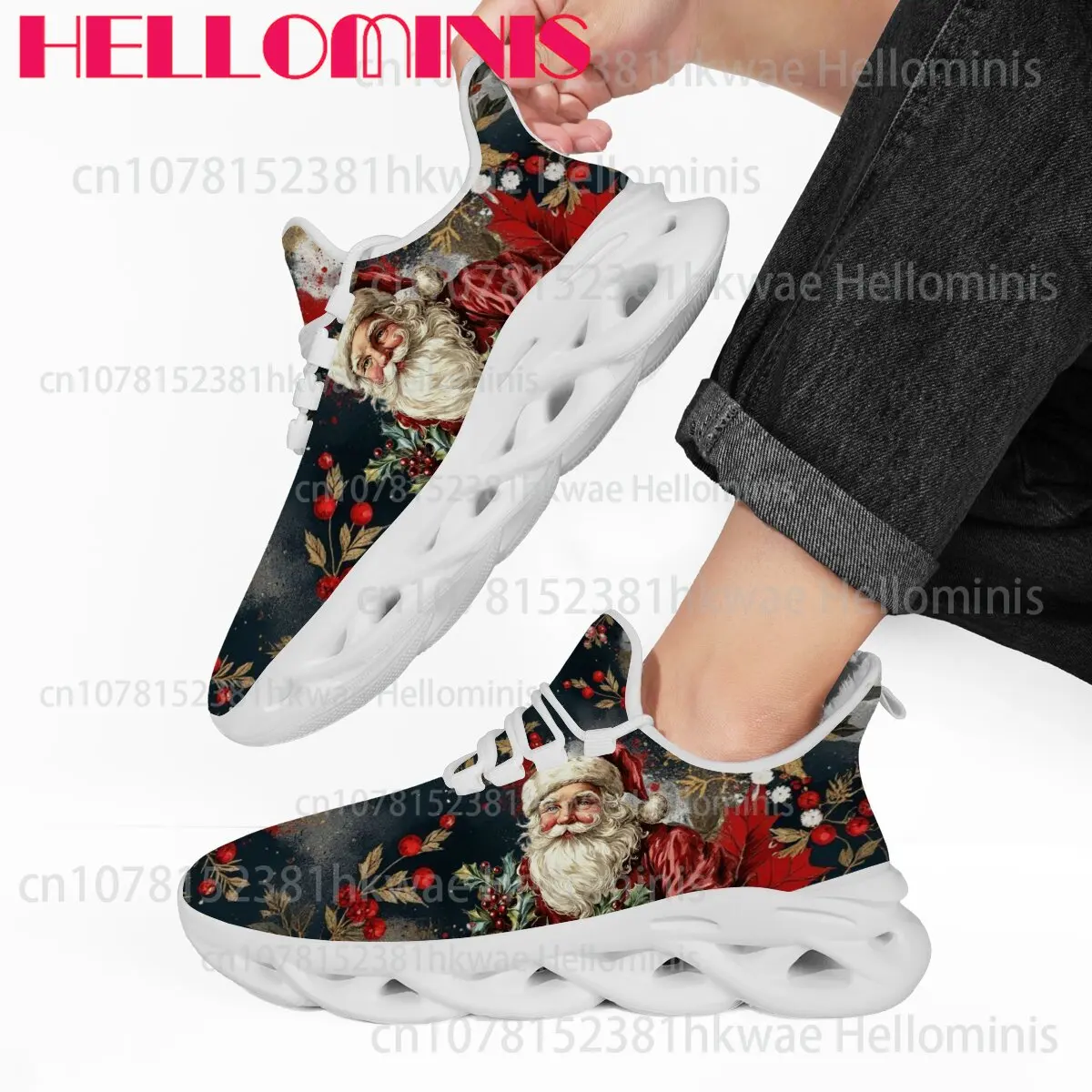 Vintage Xmas Holly Berry Pattern Fleece Interior Platform Sneakers, Men Women Warm Thick Sole Casual Shoes, White Black 2 Colors