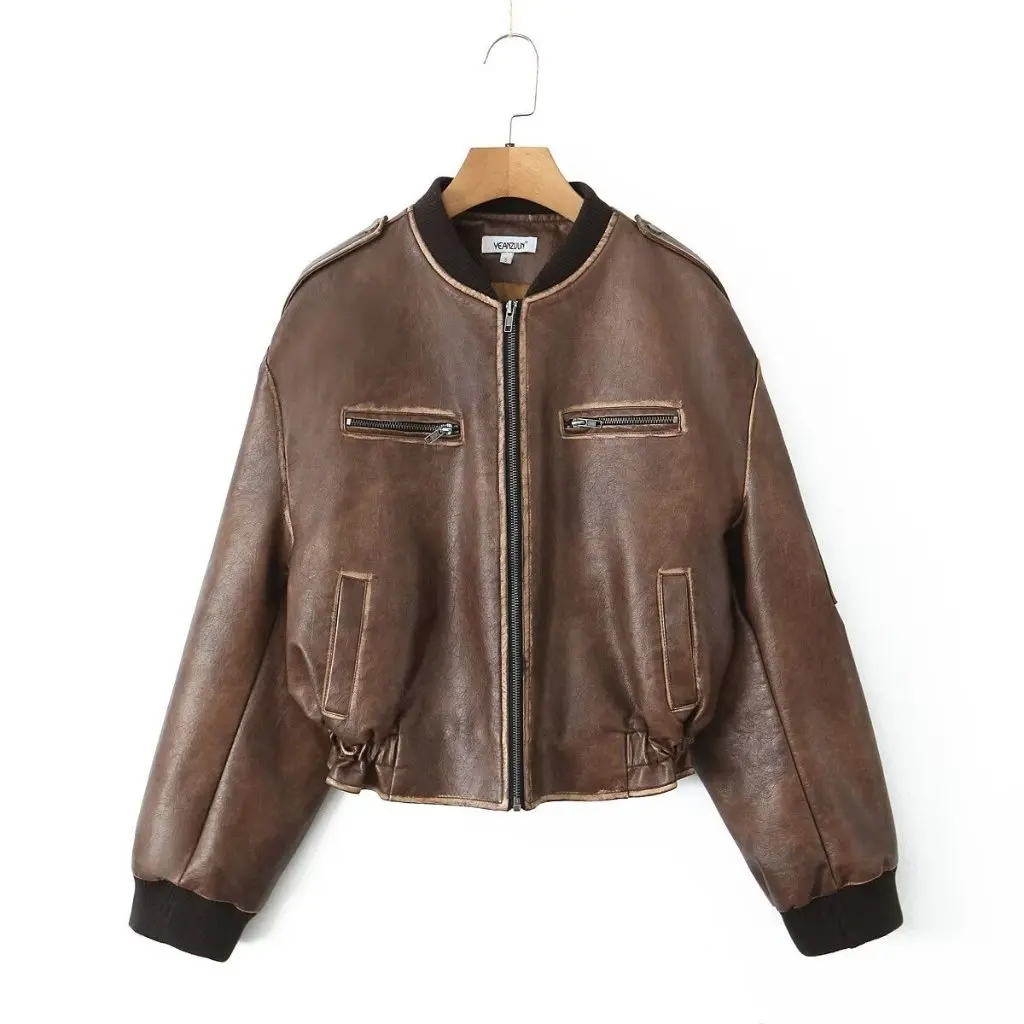 

Women's Vintage Color Dressed Leather Coat American Style Collar Loose Short Jacket Biker Suit for Autumn