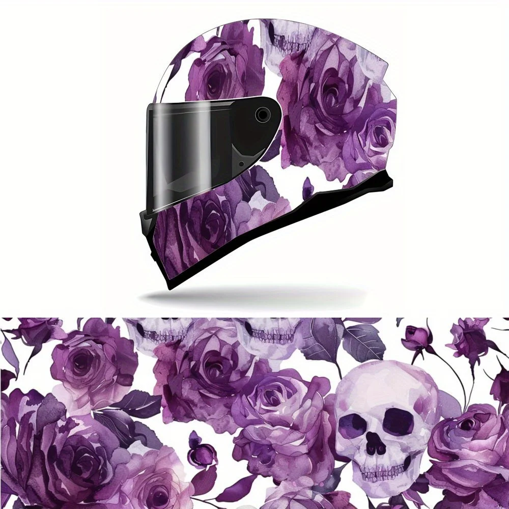 

The Blooming Purple Rose and Smiling Skull Full Face Vinyl Motorcycle Helmet Decorative Sticker Waterproof Self-adhesive Gift fo