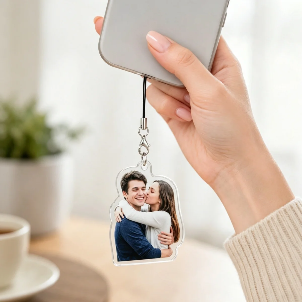 Custom photo acrylic phone charm—personalized, family portrait, or pet-themed; a personalized accessory.