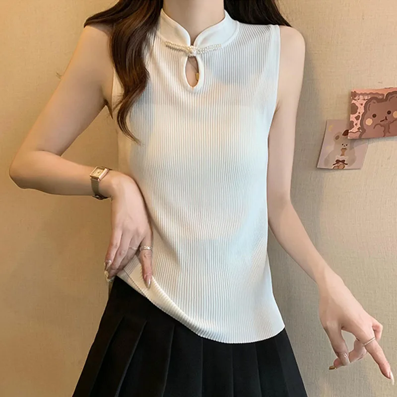 Sueter Feminino Nuovo maglione lavorato a maglia senza maniche Pullover da donna Colletto alla coreana bianco Perline Maglione lavorato a maglia Pullover Donna Top Q2460